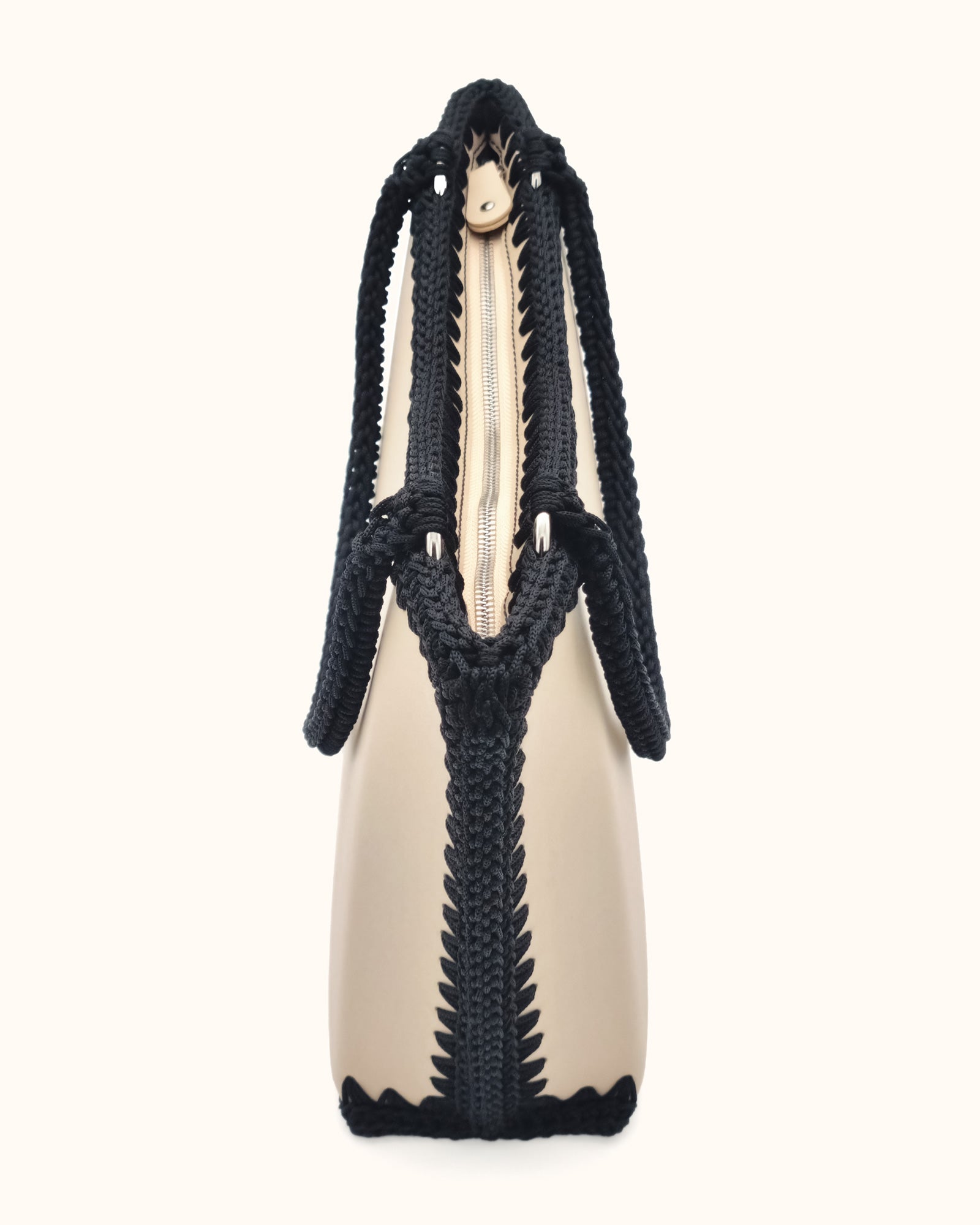 Bolso shopper grande artesanal Tatyana L beige y negro de cuero y crochet - Hecho a mano por Cueché