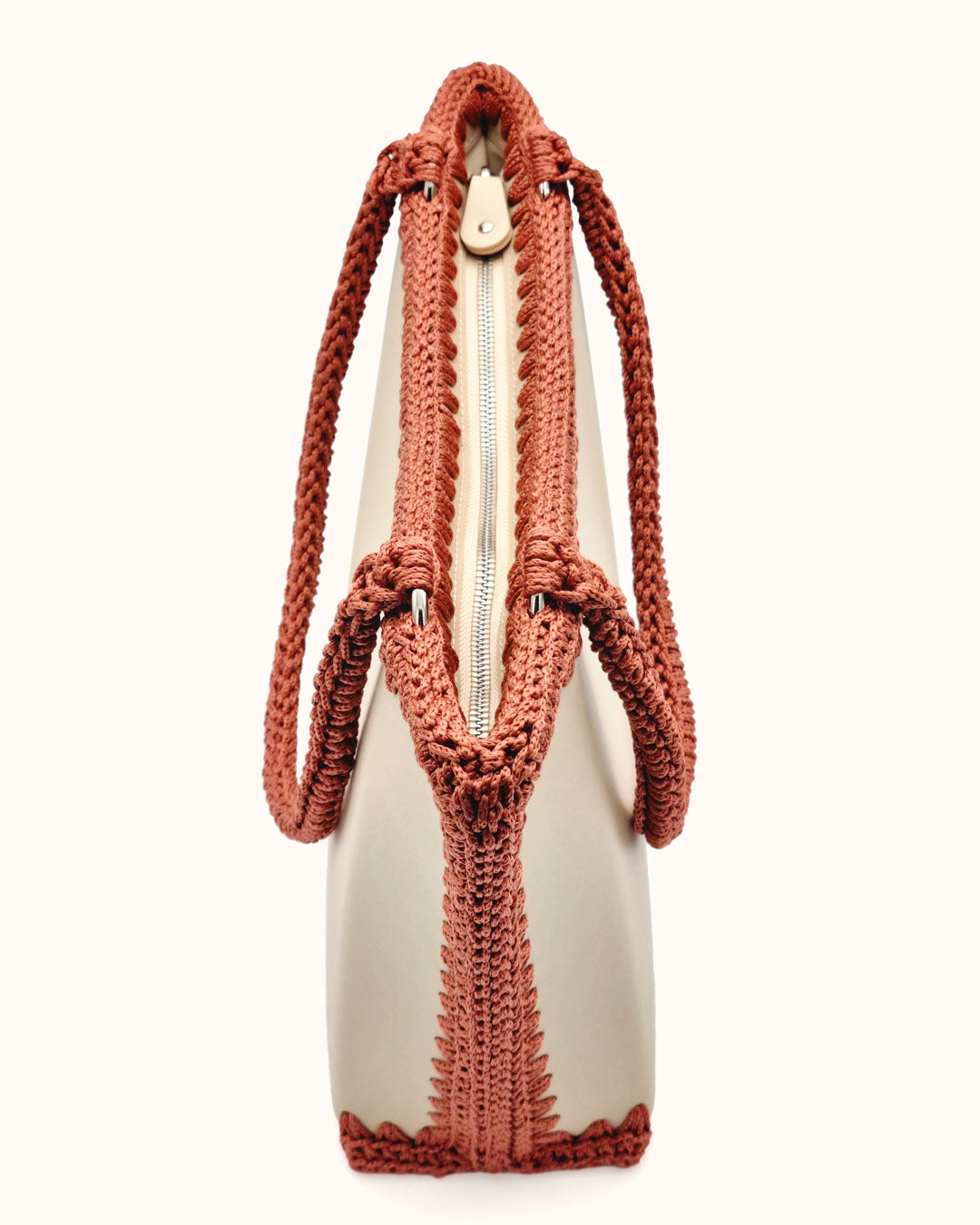 Bolso shopper grande artesanal Tatyana L beige y óxido de cuero y crochet - Hecho a mano por Cueché