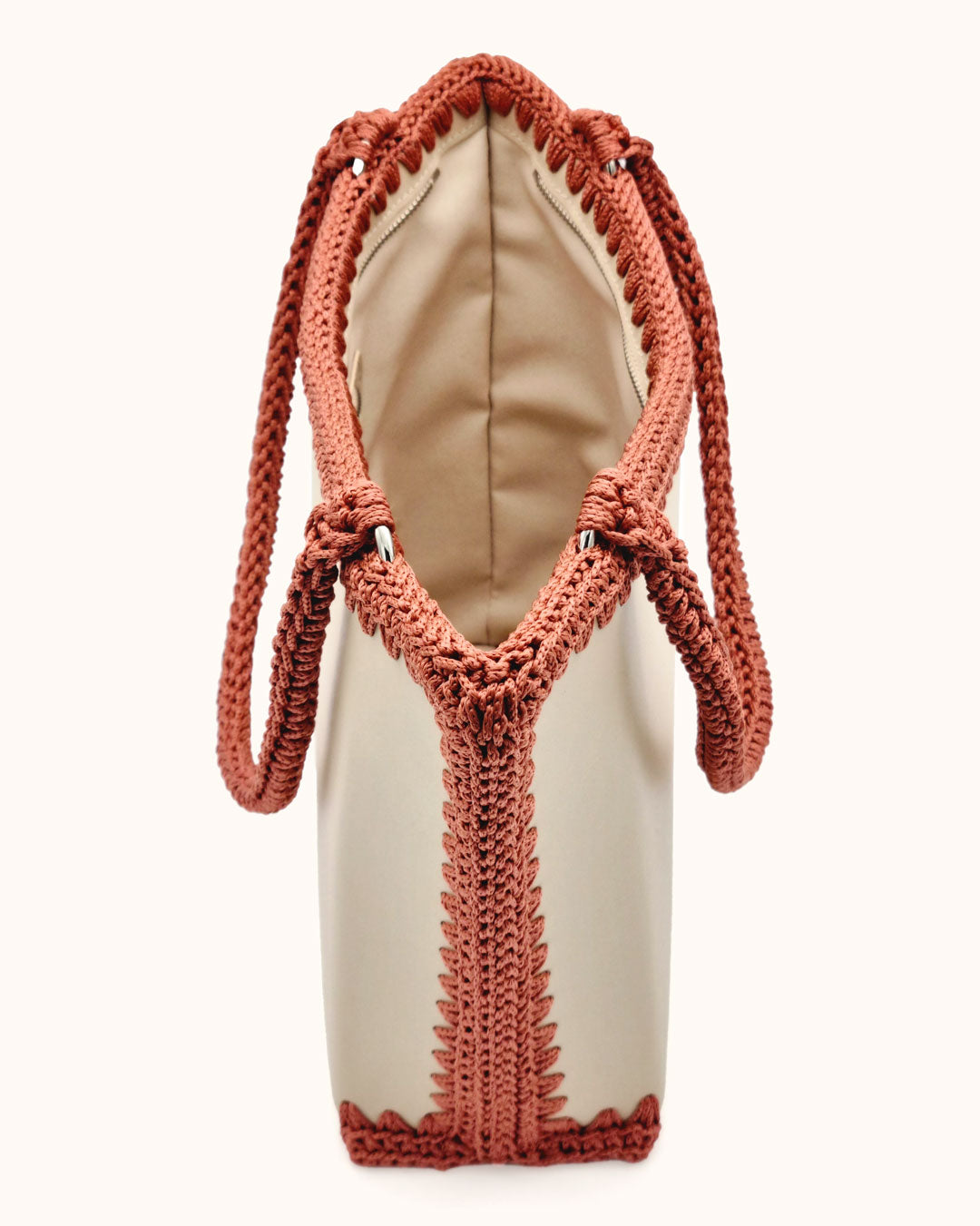 Bolso shopper grande artesanal Tatyana L beige y óxido de cuero y crochet - Hecho a mano por Cueché