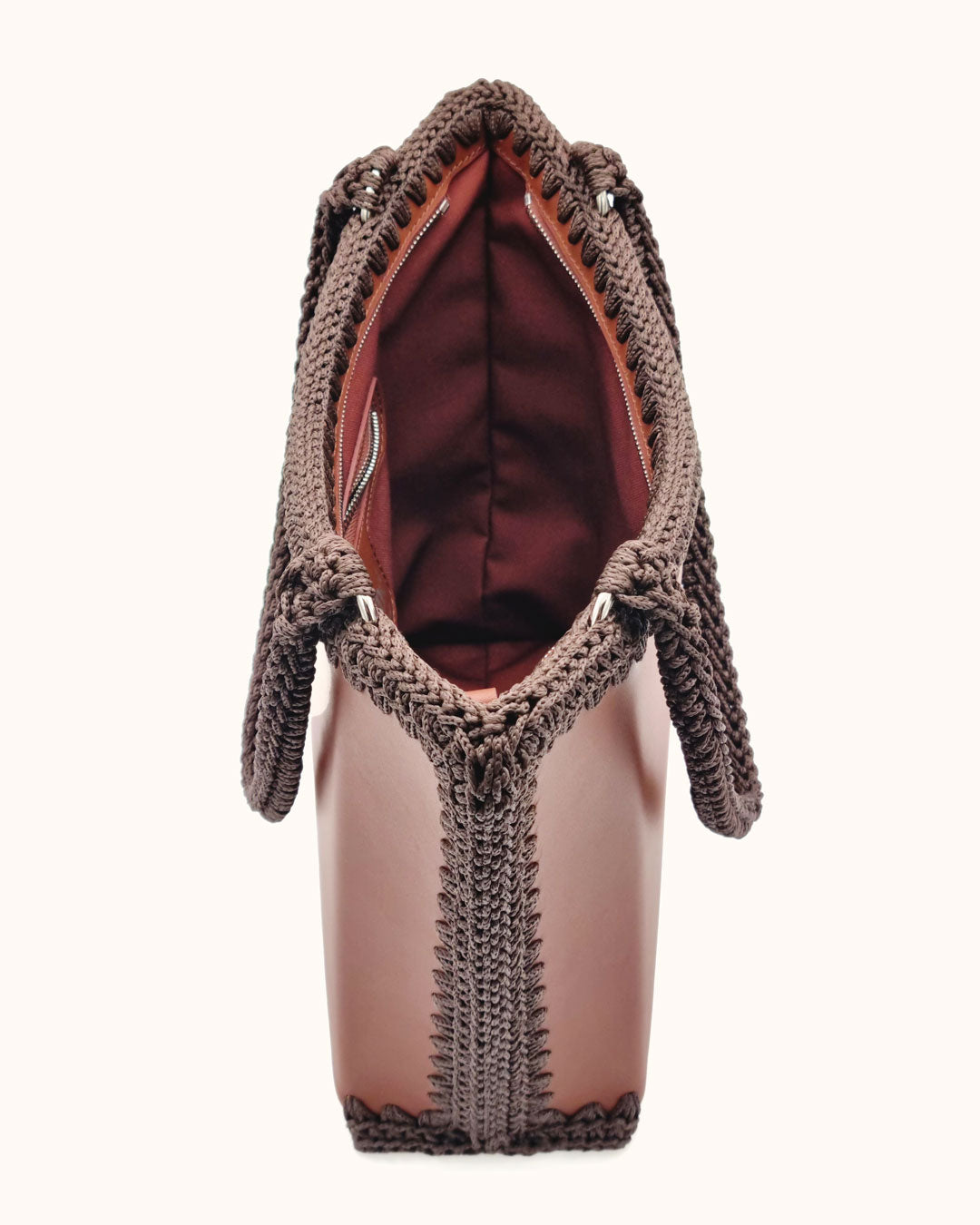 Bolso shopper grande artesanal Tatyana L marrón de cuero y crochet - Hecho a mano por Cueché