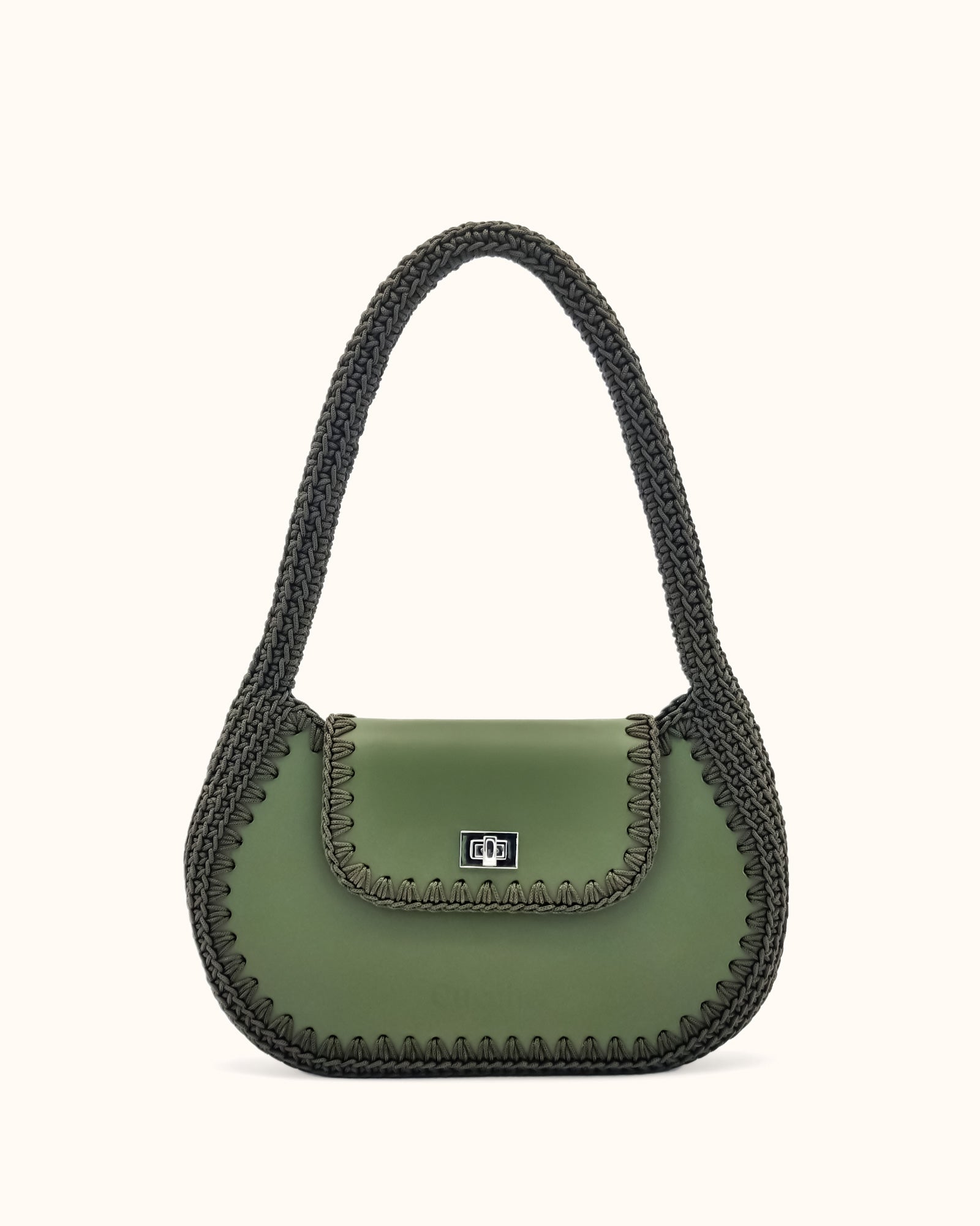 Bolso hobo mediano Daria en color verde, artesanal, de cuero y crochet hecho a mano por Cueché