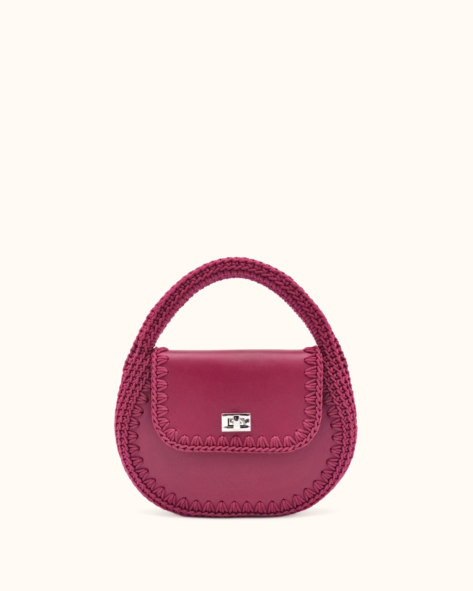 Bolso hobo pequeño Daria en color burdeos, artesanal, de cuero y crochet hecho a mano por Cueché