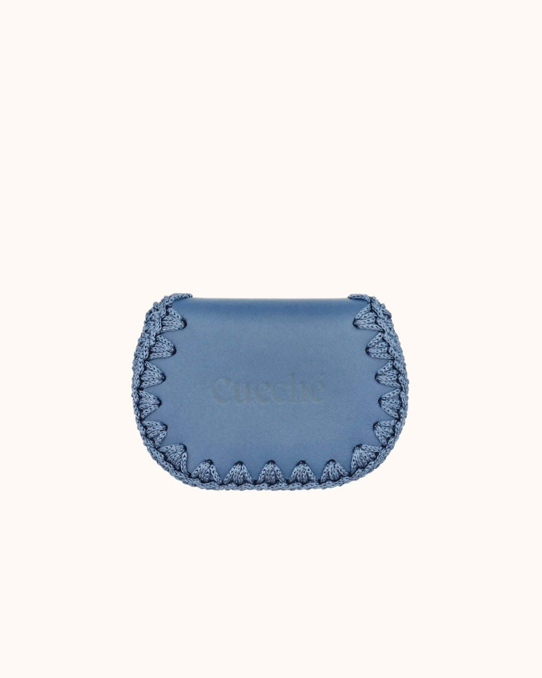 Monedero artesanal azul de cuero y crochet hecho a mano – Cueché