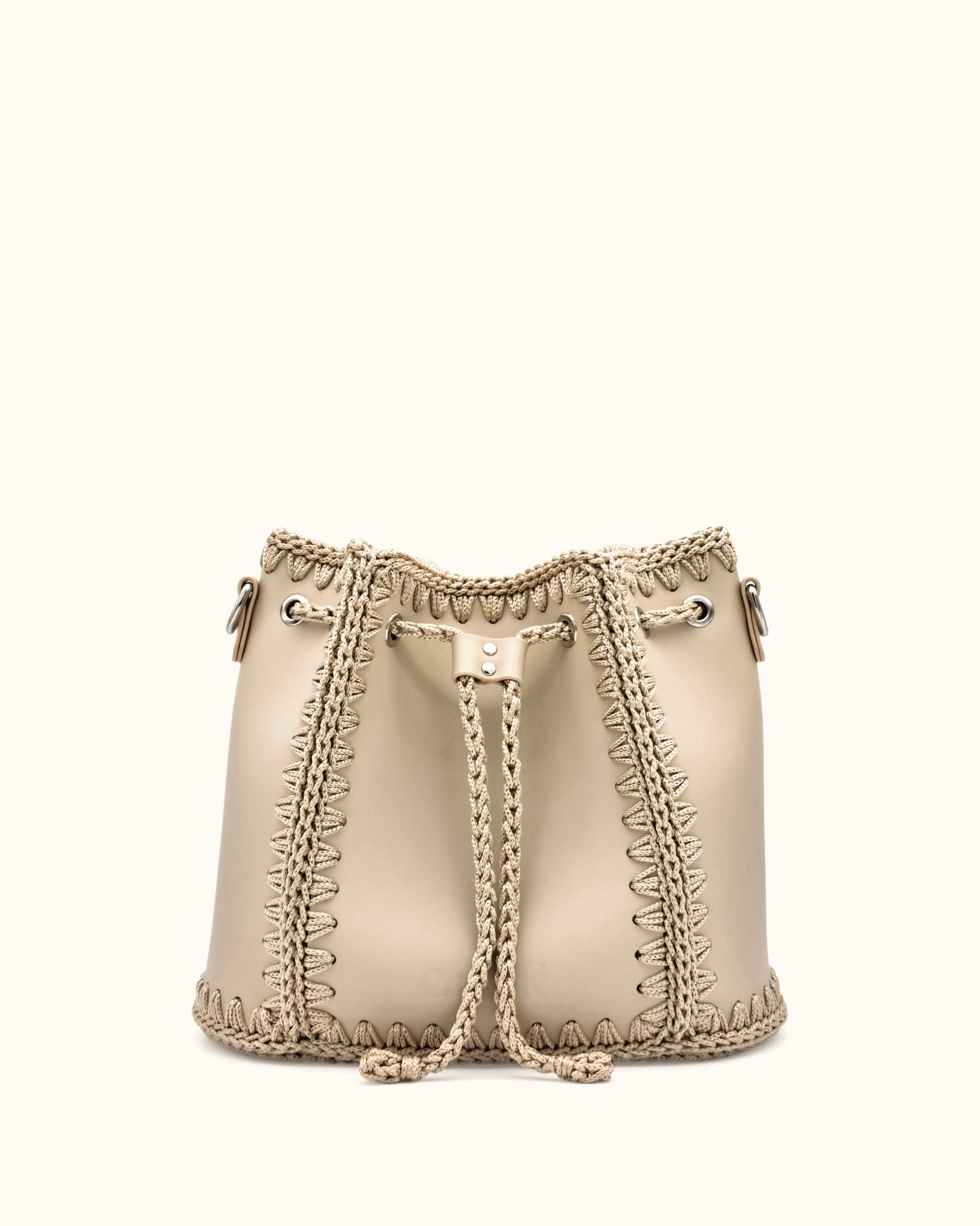 Bolso bombonera grande artesanal Olga L beige de cuero y crochet - Hecho a mano por Cueché