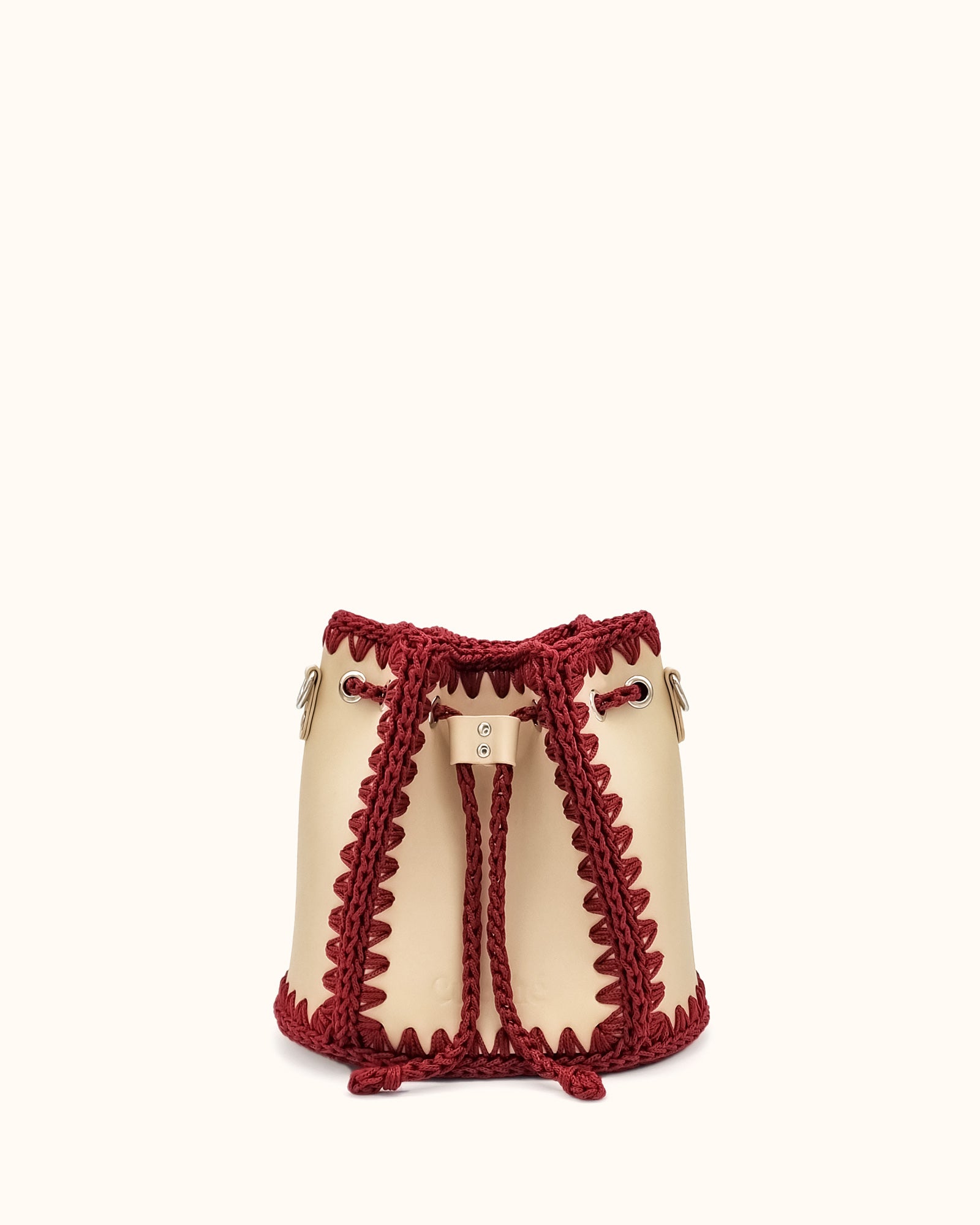 Bolso bombonera mediano artesanal Olga M beige y granate de cuero y crochet - Hecho a mano por Cueché