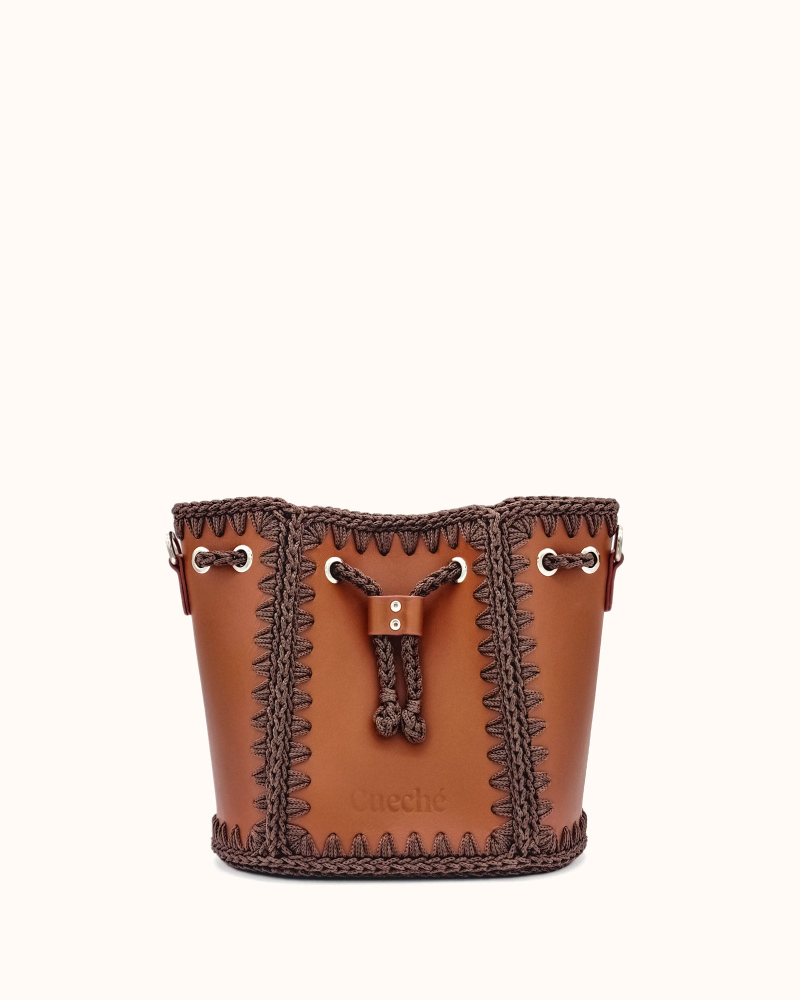 Bolso bombonera mediano artesanal Olga M marrón y chocolate de cuero y crochet - Hecho a mano por Cueché