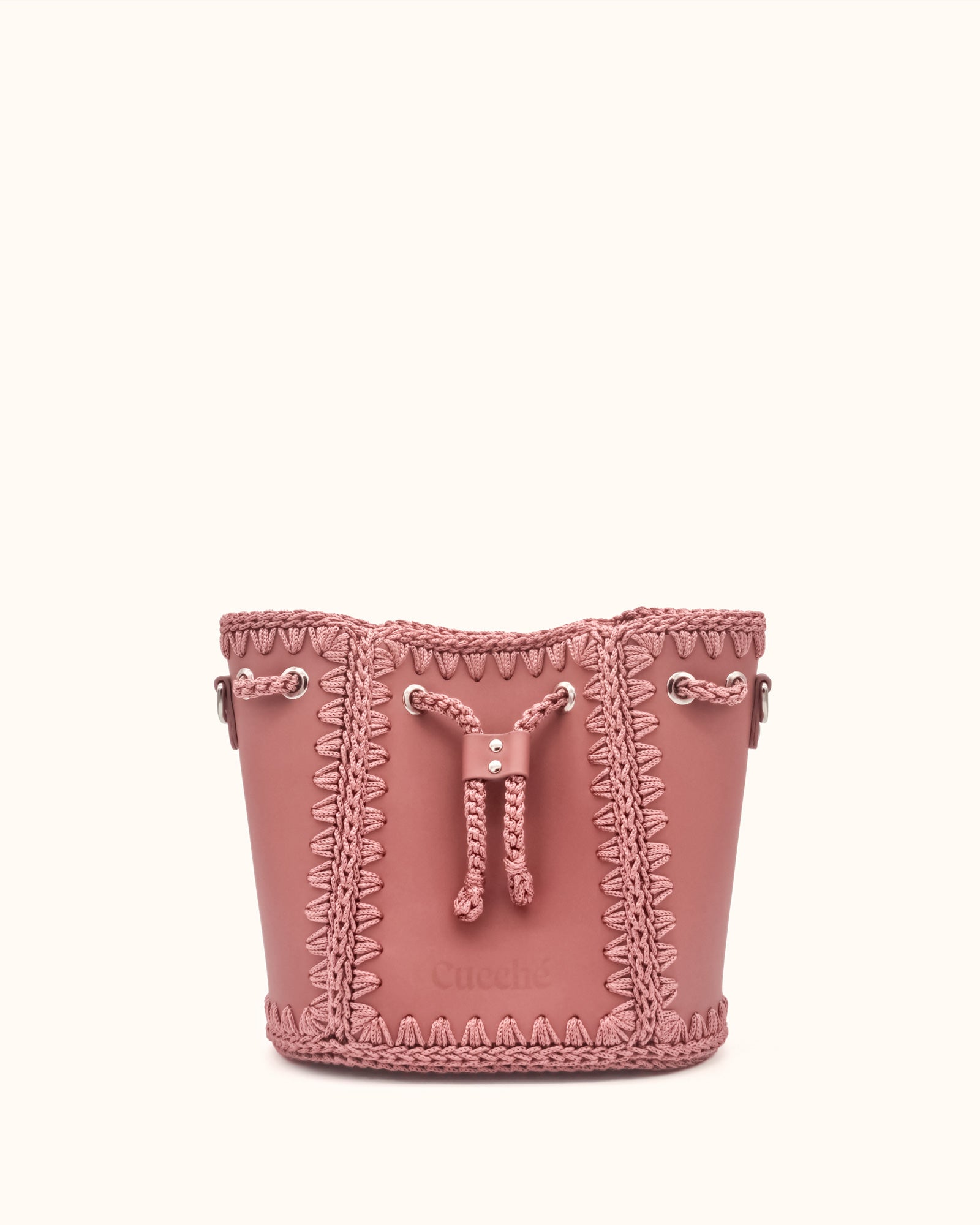 Bolso bombonera mediano artesanal Olga M rosa de cuero y crochet - Hecho a mano por Cueché