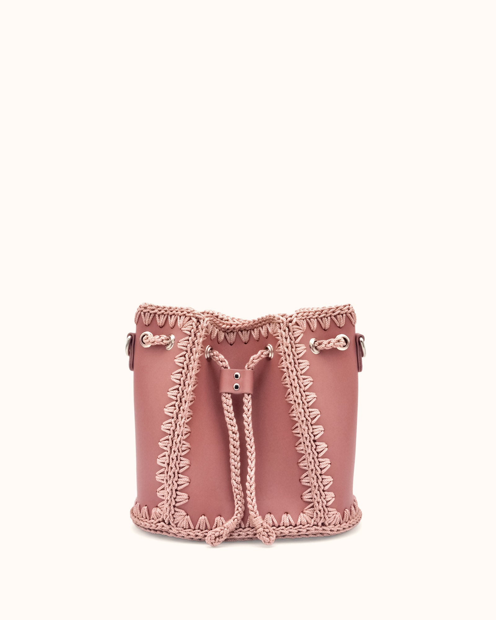 Bolso bombonera mediano artesanal Olga M rosa de cuero y crochet - Hecho a mano por Cueché