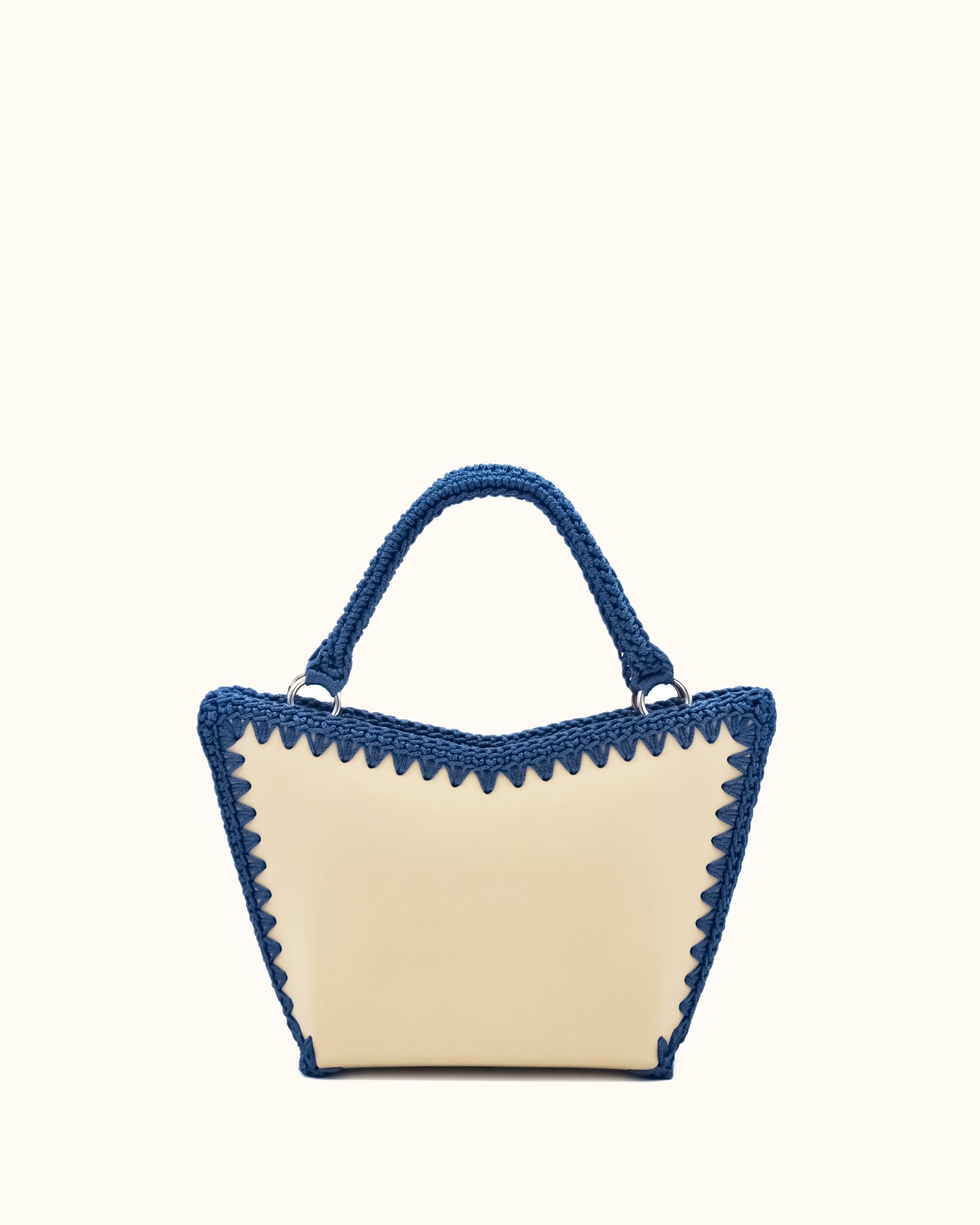 Bolso shopper pequeño artesanal Tatyana S beige y azul de cuero y crochet - Hecho a mano por Cueché